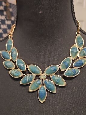 Gold-Tone Blue Marquise Statement Necklace - Elegant Women's Jewelry